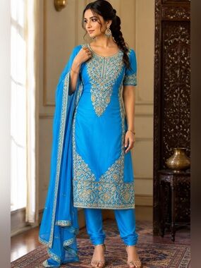 Embellished Turquoise Salwar Kameez Set indian clothing suit